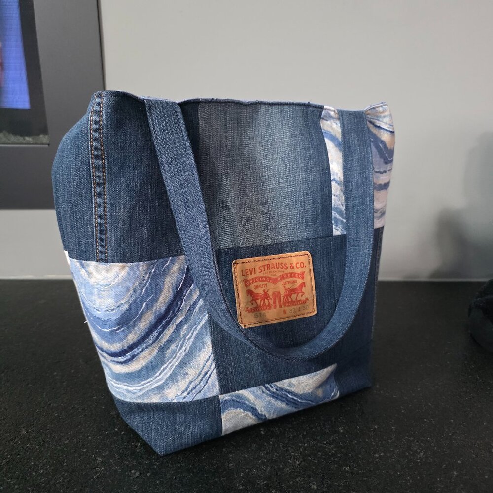 Handmade upcycled denim patchwork handbag